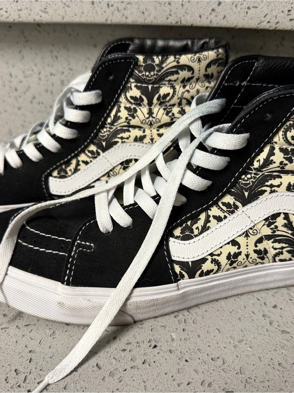 Vans Black and Cream Damask Floral-Pattern Sk8-Hi Sneakers